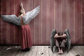 Ein Mann und eine Frau, beide haben Flügel, wie Engel. Sie sitzen aber traurig und entmutigt am Boden.