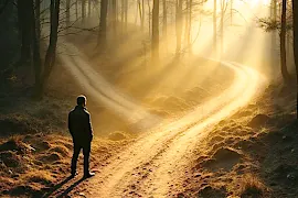 Mann steht vor zwei Wegen im Wald, wohin soll die Lebensreise gehen? Eine typische Situation für ganzheitliche Lebensberatung.