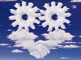 Zwei sich gebende Hände und zwei Zahnräder symbolisieren das nötige Teamwork zwischen Traumdeuter und Klient.