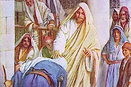 Jesus heilt eine Frau, indem er seine Hand auf ihren krummen Rücken legt.