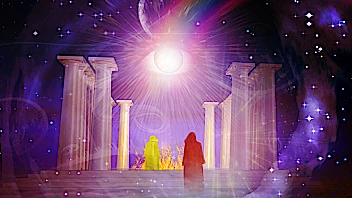 Ein strahlendes, großes Auge über einem antiken Tempel mit zwei Priestern bei Nacht. Ein Ausdruck für das große, heutzutage unterschätzte Potential der Traumdeutung für Bewusstwerdung.
